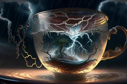 Lightning Storm in a glass tea cup, photorealistic, Dramatic Lighting. Lightning shooting both inside and out of the cup. Otherworldly atmosphere, intricate details, highly detailed, Artgerm elegant extremely detailed fantasy 8k masterpiece fantastic view crisp quality Jacek Yerka Alexander Jansson Kevin Sloan,