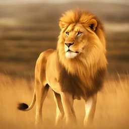 A majestic lion standing tall on a grassy savannah, with its thick golden mane blowing in the wind and its powerful gaze fixed on the horizon.