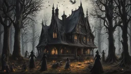 A gothic woodland house with a coven of witches dancing in front of it.