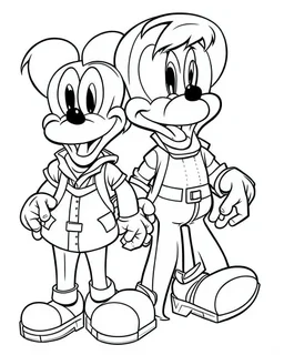 outline art for Mickey Mouse With Donald Duck And Goofy To Color coloring page, Japanese manga style, cartoon style, cute face, white background sketch style, full body is a must, only use outline, clean line art, no shadow, bold outline