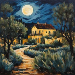 fine palette knife painting of a placid Spanish villa set amidst surrounding olive groves under the pale moonlight of midnight , in the Expressionist style of Egon Schiele, Oskar Kokoschka, and Franz Marc, highly detailed in muted natural colors with fine detail outlining and shading