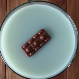 grainy photography, top-down perspective, large glass punchbowl full of light blue punch on a wooden table with a chocolate log candy bar floating in the bowl,