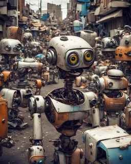 Junk city, street view, many robots, macro photography,