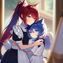 Clear Focus, High resolution, wearing a maid uniform, fluffy hair and a long ponytail, blue hair, cat ears, meowing, hugging another girl with red long fluffy hair also wearing a maid outfit, looking at you