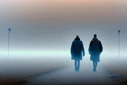 two people seen from behind walking side by side in an empty foggy plain, above there is blue sky