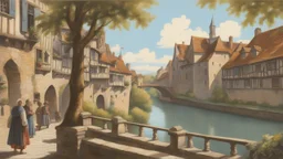 medieval buildings, balconies overhanging a river, blue sky and people, photorealism, trees, foliage, piers,