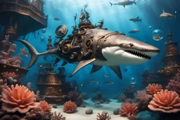 very detailed underwater scene steampunk shark swimming on coral reef and galleon destroyed background, bubbles and fishes