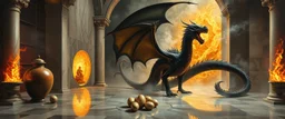 master oil painting by Escher and Giger, glaring vases and black humanoid reflective female dragon and hidden golden dragon inside marble hall library, cryptic eggs, sacred geometry, fire fog and steam border, fire elemental creature, twisted dimensional portal