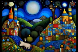 Raymond Briggs, Laurel Burch, Randolph Caldecott, Picasso-style moonlight patchwork. Modifier: Extremely detailed fantasy oil on canvas very appealing imperial colors Fantastic view 4K 3D focus