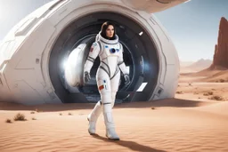 photorealistic slim woman ina spacesuit with dark hair and white boots in a heroic pose at the entrance to a spaceship in the desert