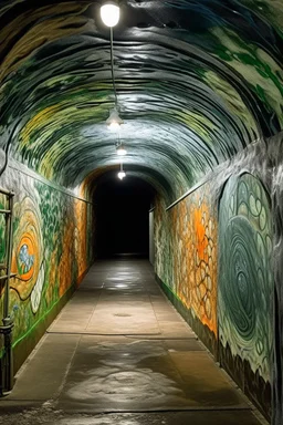 A gray underground tunnel with fungi painted by Edvard Munch