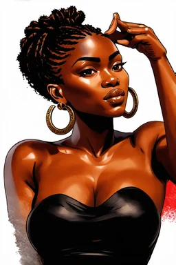 A vibrant digital illustration of a carribean woman with a confident yet playful expression. She is making a gesture by a raised brow. highly detailed two large cornrows. Her large hoop earrings are clearly visible, adding to the bold and expressive character of the artwork. with soft lighting accentuating the details of her face.", ink wash