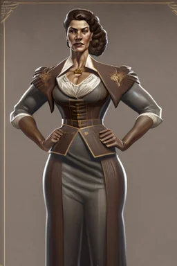 A hyper-realistic concept art of a full body aristocrat woman tall ultra muscular with a hard square face and brown hair wearing a greek senator outfit with hands on her waist, full body, aristocrat woman, tall, ultra muscular, hard square face, brown hair, greek senator outfit, by Jaime Jones, in the style of fantasy realistic art, cinematic and dramatic lighting, fantasy character drawings, realistic drawings, digital art, Highly Intricate Details, high quality,