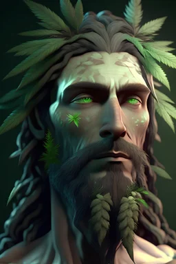 Animacion 3d realista de un hombre con mirada misteriosa que es amigo de los dioses. Se dedica a cultivar cannabis y curar al mundo con sus plantas. Su rostro posee una barba en forma de cogollo de color verde dorado,usa gorra tipo snap y lentes espejados tipo ray ban