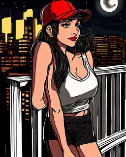 woman with a red baseball hat. leaning on a wooden balcony. night time. fantasy. cartoon. studio lightining.