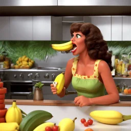 [1960’s stop-motion animation style in kitchen: she takes the banana in her mouth] a 70s banana advertisement video TV featuring the hungry jungle woman. she brings a big banana to eat in her mouth to satisfy her appetite, she is happy as a claymation character toy from a claymation horror movie in burning rainbow land, from hell, creepy Videos, eyeballs and jungle fruits everywhere , as old advertisement shot on video VHS