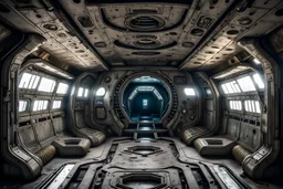 Alien symbols and silent corridors evoke space horror in this abandoned spaceship interior