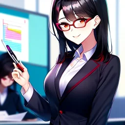 Clear focus, 8k, high quality, detailed, beautiful lighting, girl, vibrant colors, black hair, vibrant red eyes, office clothes, red glasses, holding pin, smile