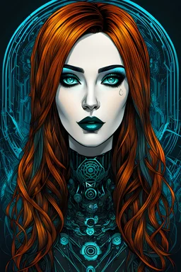 Create a wild, imaginative, full body, cybernetics enhanced, auburn haired goth girl with highly detailed facial features, in the vector graphic style of Nirak1,Christopher Lee, and Cristiano Siqueira, vibrant colors, sharply defined, 2d vector