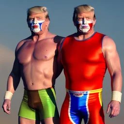 Realistic image of Donald trump wrestler, Mexican wrestling style, Mexican wrestling mask for eyes, red and blue breeches, glow us flag dress, single, suspenders, retro style, 80s, vibrant color, highly detailed, sky background, concept art, unreal engine 5, god rays, ray tracing, RTX, lumen lighting, ultra detail, volumetric lighting, 3d, finely drawn, high definition, high resolution.