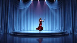 modern stage with gray-blue theme artistic decoration , color full dynamic lighting, a beautiful lady in modern maxy dark dark red dress with shining silver jwells dancing, 3D recursive fractal structure animating background