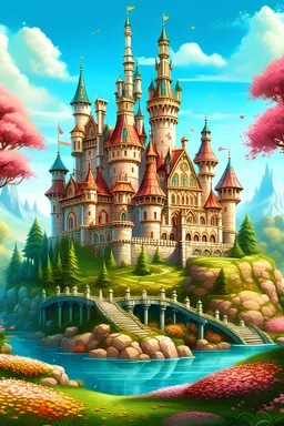 Generate a stunning 2D illustration of a castle set in a picturesque spring landscape. Envision a magnificent castle surrounded by blooming flowers, lush greenery, and vibrant trees in full bloom. The castle should stand majestically in the center of the scene, with towering turrets, elegant spires, and intricate architectural details that exude regal charm and beauty. Incorporate a sparkling water fountain adjacent to the castle, with clear water cascading gracefully into a tranquil pool below.