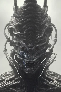 evil predator with crown, alien, brutal face, tron, head, burn eyes, 8k, finely detailed, dark light, photo realistic, hr giger, cyberpunk