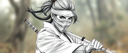pencil outline and airbrush, female ninja doctor in the wild, blurred realistic background