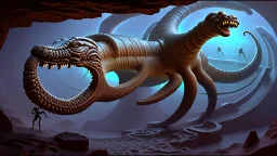 photorealistic strange paleozoic hydra 3-foot "dimensional portal made of subatomic particles" in a gigantic Neanderthal jeweled palace hyeroglyphs on the walls, thunderbolt storm