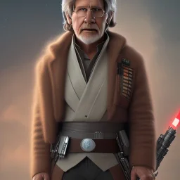 handsome cosmic harrison ford, hair in the wind, brown eyes, star wars outfit, perfect composition, super detailed, 8k, high quality, intricate details, highly detailed, lights in background, octane render