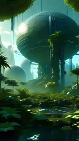 sci fi planet, cyber city, giant plants