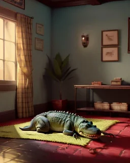 Room scene with alligator sleeping, Wes Anderson styler, realistic image, concept art, smooth, unreal engine 5, god lights, ray tracing, RTX, lumen lighting, ultra detail, volumetric lighting, 3d.