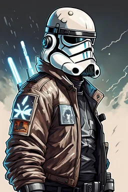 High Quality Science Fiction Character Portrait of an bounty hunter with bleached Hair in a Bomber Jacket. Illustrated in the Style of the Archer Tv Series. Wearing a Storm Trooper helmet.