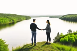 An image of two people exchanging criticism in a constructive and respectful manner, standing on a hill with a lake behind them