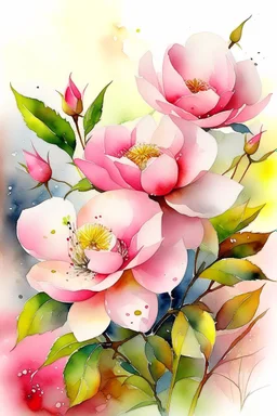 English watercolor, ink drawing. A bush of blooming pink and white rosehip in full size in height. A small drawing. Glitter, small diamond sequins. Pink, silk, milk, mother of pearl. Foliage. The background is a hazy haze. Softness, tenderness, SGI, octane rendering, megapixel extension 1028k ultra HD. volumetric, 5d, blue background