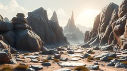 rocky landscape that looks futuristic with futuristic lighting, realistic rendering