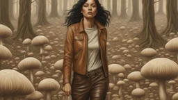 woman with black hair, in light brown leather trousers and jacket, walking through a forest of Alien mushrooms with jellyfish tentacles, photorealistic, Deep Colour, Intricate Detail, Dune