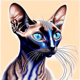 beautiful blue eyed, tall ,long legged, slender, elegant, sophisticated, sphynx-like chocolate point siamese cat expressionism pointillism style