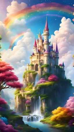 a majestic fairytale castle perched on fluffy clouds, surrounded by colorful rainbows and whimsical creatures living in harmony