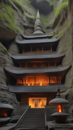 , An amazing temple with a great status all around in un underground dark cave