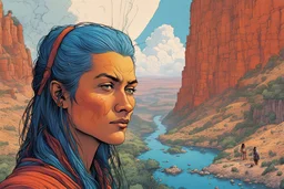 create an portrait of a nomadic adventuress with highly detailed, delicate feminine facial features, inhabiting an ethereal tropical canyon land in the comic book style of Jean Giraud Moebius, David Hoskins, and Enki Bilal, precisely drawn, boldly inked, with vibrant colors