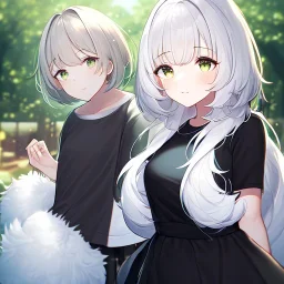 Clear focus, High resolution, light grey short hair, dark green eyes, wearing a black t-shirt and black skirt, fluffy hair, detailed outfit, really fluffy hair