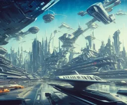 A Spaceship is taking off from a buzzing Space port on a heavy industrialized planet with a futuristic city in the background, retrofuturistic, art by John Berkey, buildings with glass facades, brutalist architecture, insanely detailed, vibrant, 8k uhd, cinematic atmosphere, ultra-wide angle, street level view, brush strokes, blue sky with clouds, dramatic sunset, sharp focus