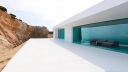 White architecture and large glazed surfaces lead to bright open spaces, a fluid connection between interior and exterior, located on a cliff.