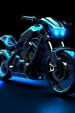 The design of a black motorcycle has blue lighting embossed with white gold