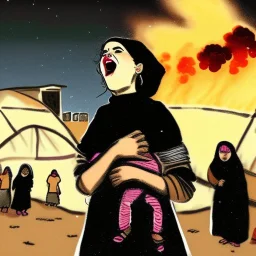 A Palestinian woman wearing the Palestinian dress carries her dead son as she screams and cries at night, with explosions in refugee tents behind her.