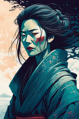 create an imaginative print illustration of an ethereal, otherworldly gaunt and withered ancient female ronin vampire , in the style of Hasui Kawase , Shiro Kasamatsu combined with the graphic novel style of Bill Sienkiewicz, with highly detailed feminine facial features