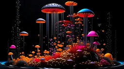 Exotic Flora, fauna, mushrooms, fungi and coral dripping black liquid in a Multiverse background