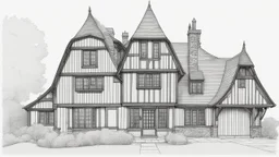 A front elevation fine line drawing of a fantasy Tudor farmhouse.
