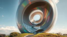 A striking tower built around a central spiral shape, with a helix staircase wrapping around the outside of the building. The walls are made of a translucent material that reflects sunlight in rainbow hues, and each floor gradually spirals upward, creating a dynamic and captivating form. The landscape below is sculpted to echo the swirling design. Photograph